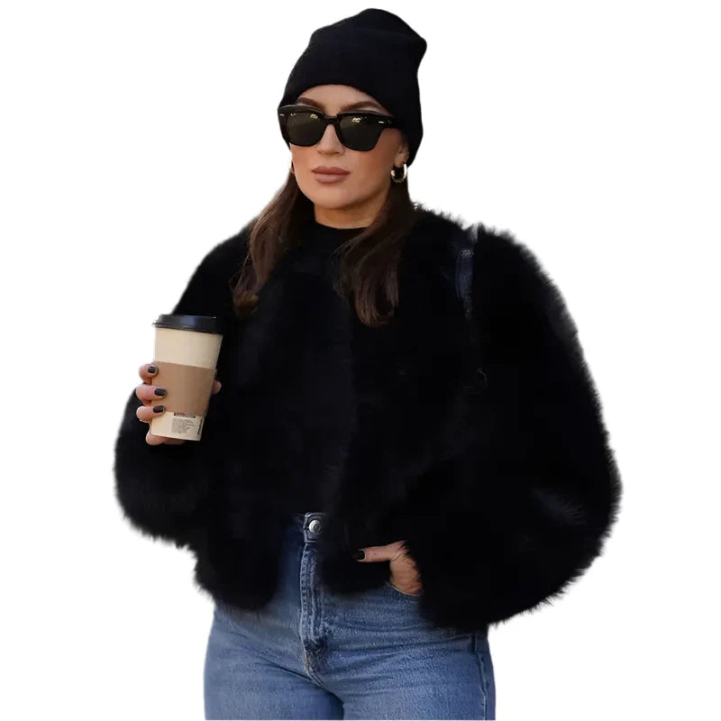 Women Vintage Warm Fluffy Cropped Fur Coat Black