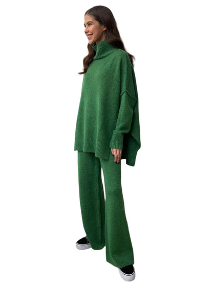 Women Knitted Turtleneck Sweater and High Waisted Trousers Set | Winter Casual Knitwear dark green