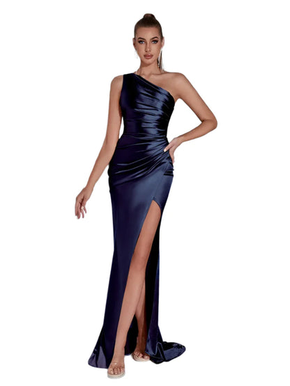 Women Evening Maxi Dress | Wedding Party Dress | One Shoulder Cocktail Dress Navy Blue