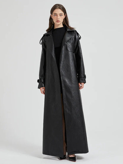 Women Extra Long Leather Trench Coat | Luxury Chic Overcoat | Autumn Black