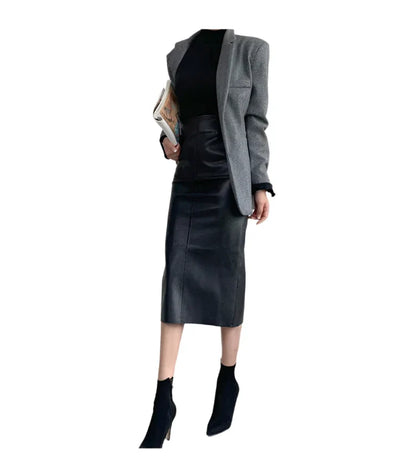 Women Leather Midi Skirt | Classic High Waisted Office Skirt | Party Bodycon Wrap