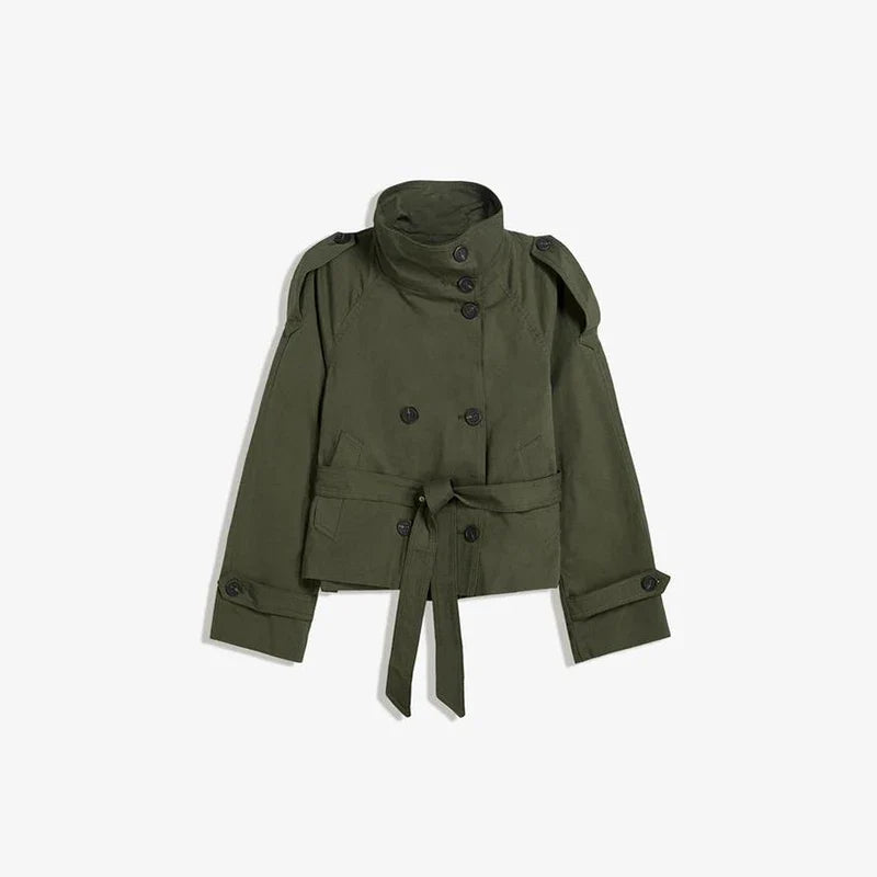 Women Belted Cropped Trench Coat | Autumn | Casual Stand Collar Coat green