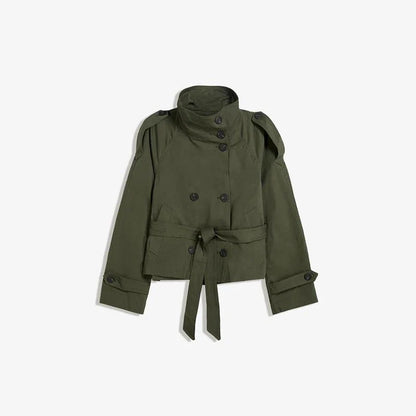 Women Belted Cropped Trench Coat | Autumn | Casual Stand Collar Coat green