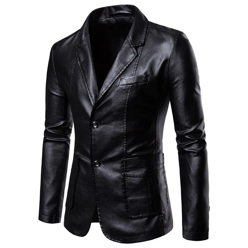 Men's Lapel Leather Dress Coat | Business Casual Blazer Jacket Black
