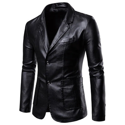 Men's Lapel Leather Dress Coat | Business Casual Blazer Jacket Black