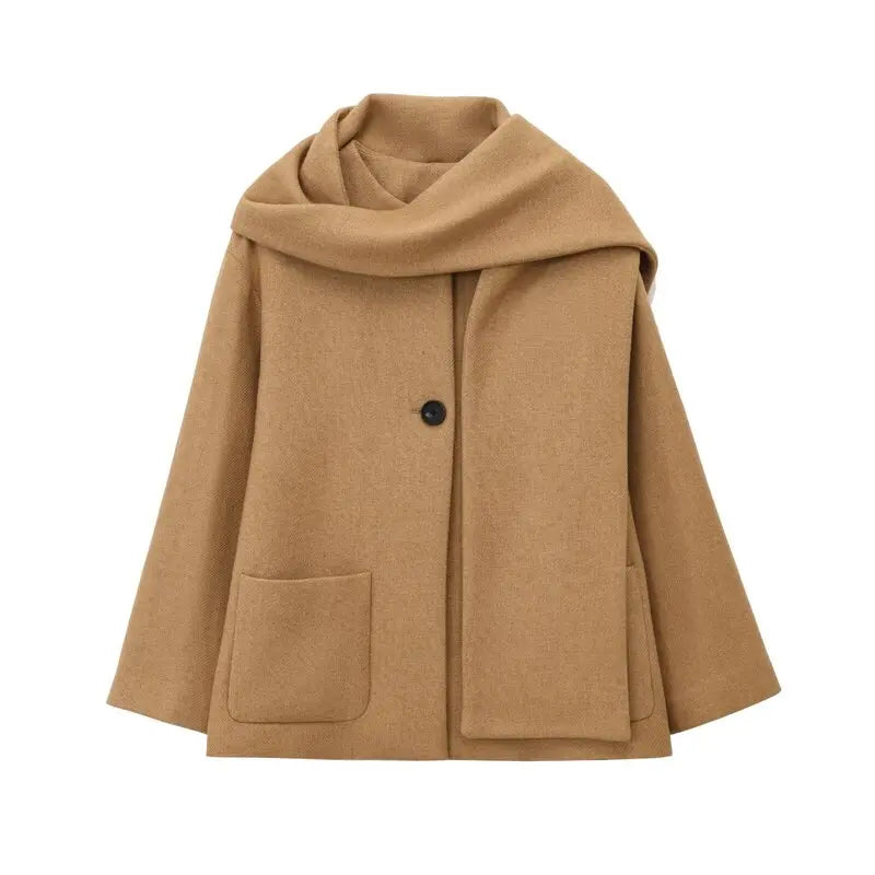 Women Winter Coat with Scarf | Long Sleeves | Round Neck Camel