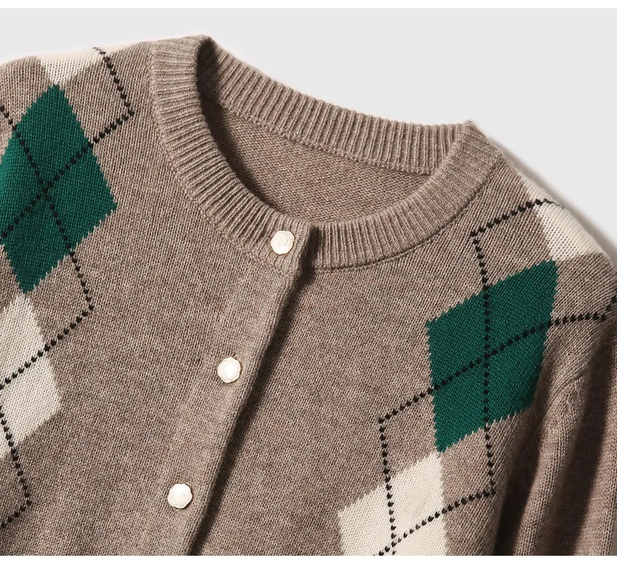 Women Argyle Cashmere Knitted Cardigan | Diamond Check Sweater | Wool