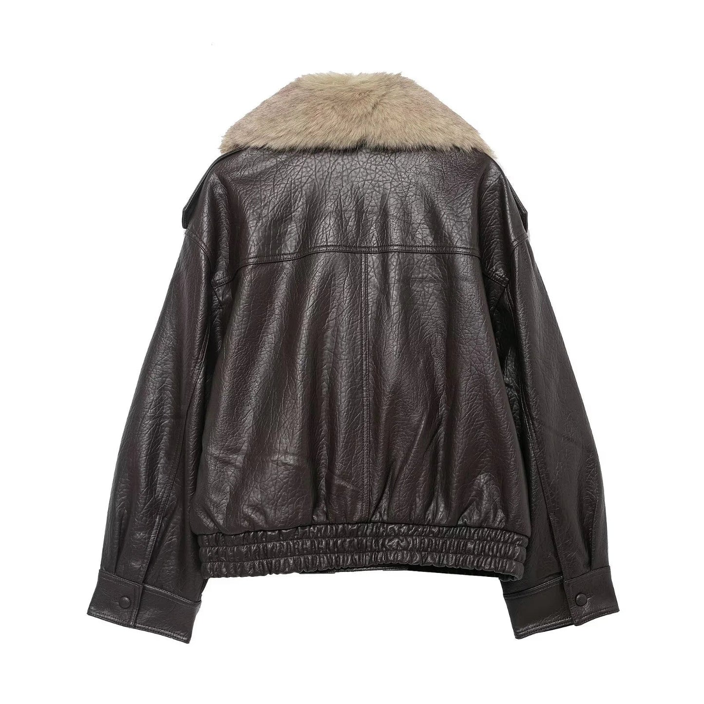 Women Winter Loose Leather Fur Jacket | Big Fur Collar | Casual Coat | Double Breasted