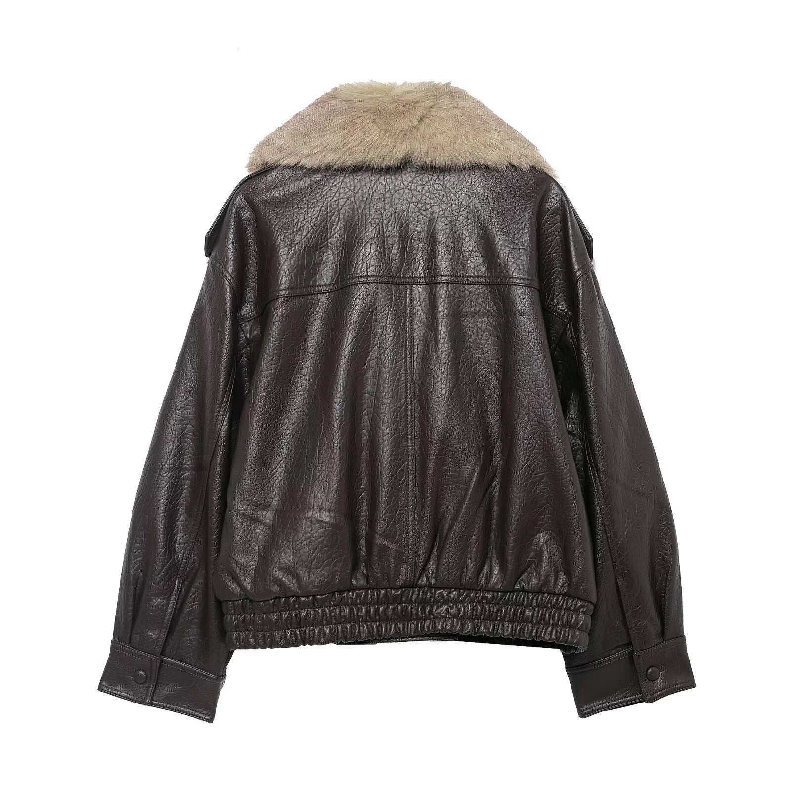 Women Winter Loose Leather Fur Jacket | Big Fur Collar | Casual Coat | Double Breasted