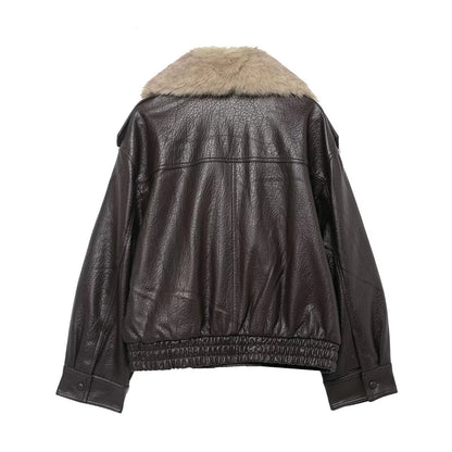 Women Winter Loose Leather Fur Jacket | Big Fur Collar | Casual Coat | Double Breasted