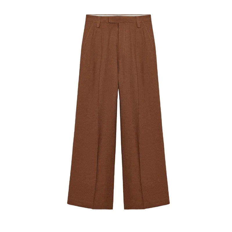 Women Brown Casual Pleated Pants | V Neck Vest Top | Set Pants