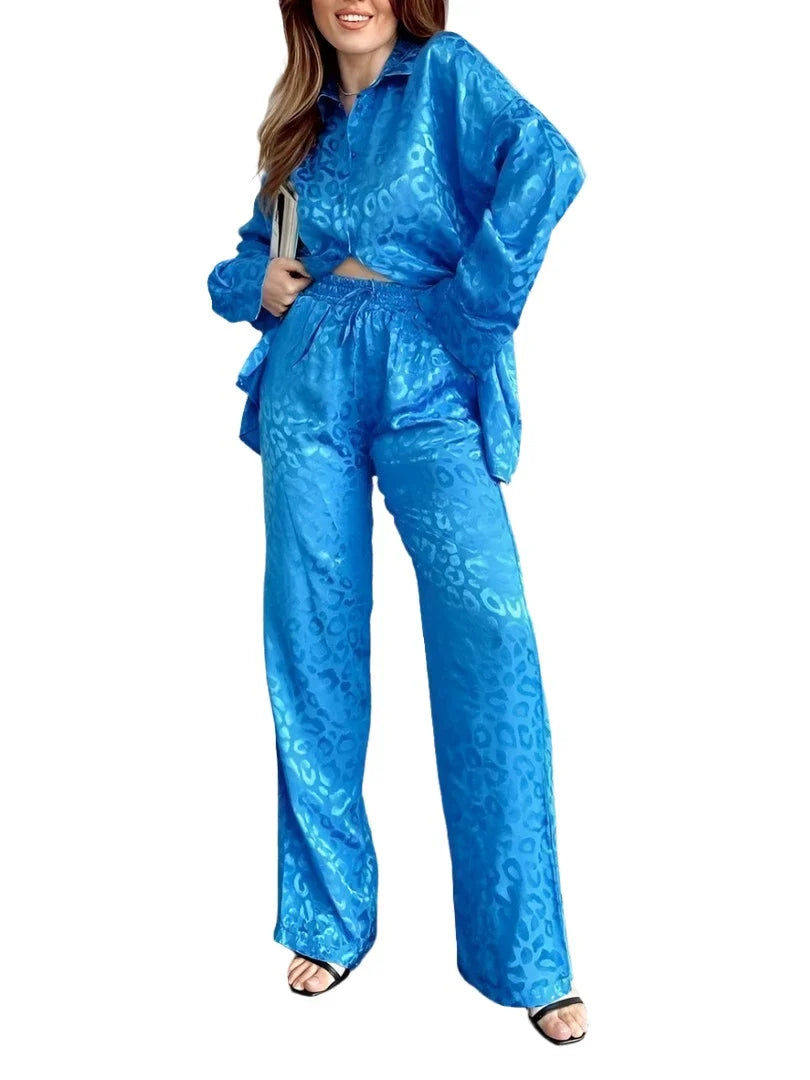 Women Satin Shirt and Wide Leg Trousers Suit | 2 Piece Leopard Print Set | Pajamas Set Blue