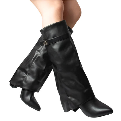 Women Cow Boy Boots | Lock Buckle | High Heels | Knee-Length Boots | Fold-Over Long Boots