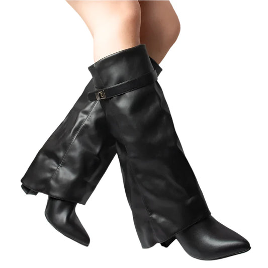 Women Cow Boy Boots | Lock Buckle | High Heels | Knee-Length Boots | Fold-Over Long Boots