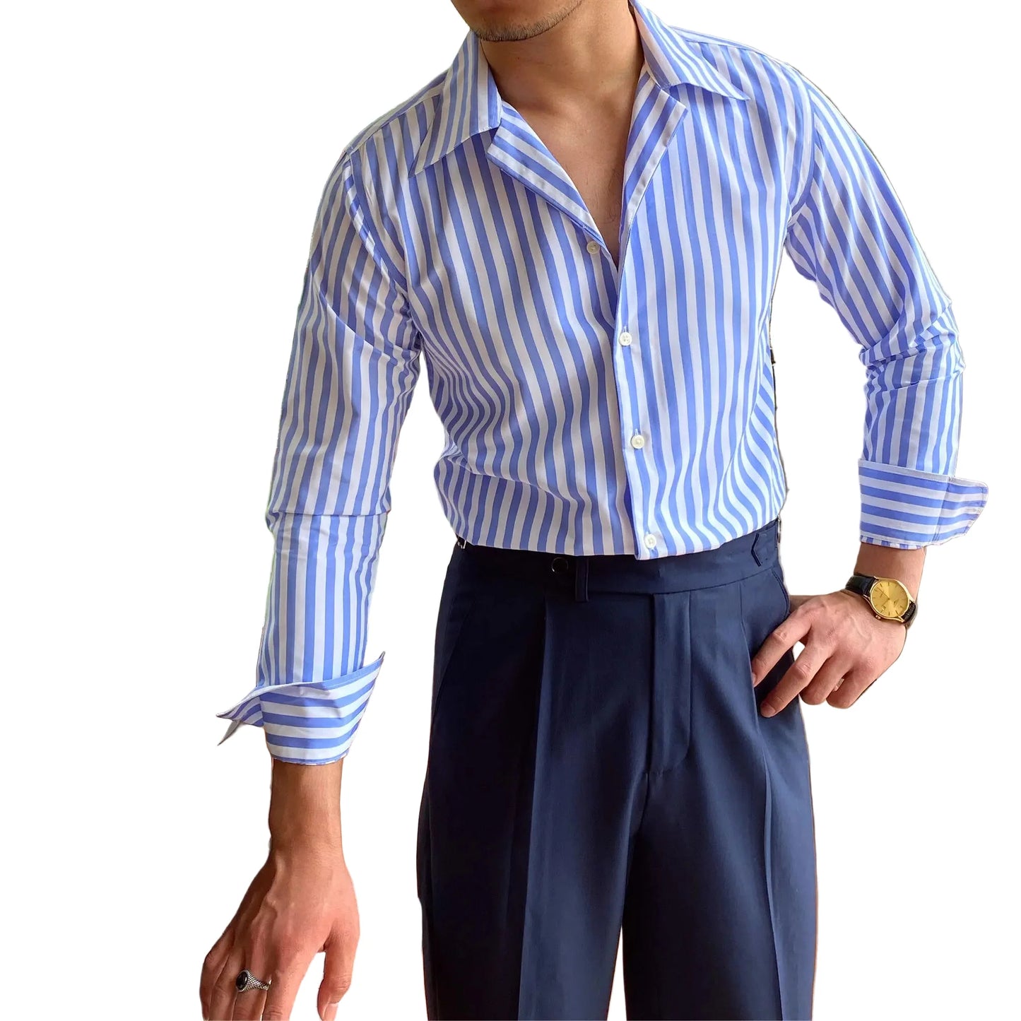 Men Business Striped Shirt | Cuban Collar | Long Sleeve Shirt | Office Shirt | Tuxedo Shirt Sky Blue