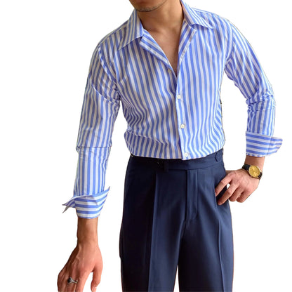 Men Business Striped Shirt | Cuban Collar | Long Sleeve Shirt | Office Shirt | Tuxedo Shirt Sky Blue