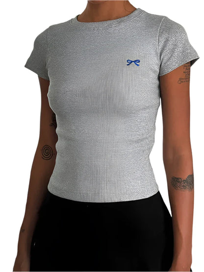 Women Summer Crop Top | Short Sleeve Bow Embroidery Ribbed T-Shirt Gray