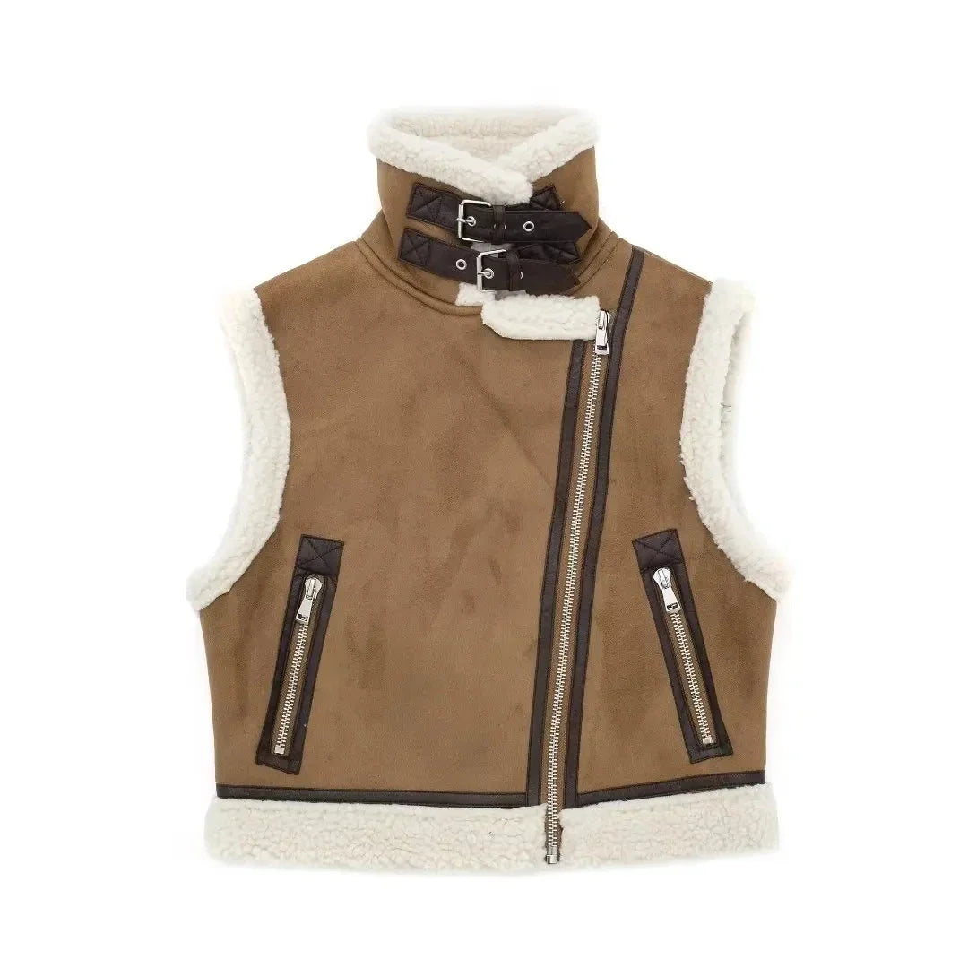 Women Short Thick Leather Zip Waistcoat | Lambswool Patchwork Sleeveless Casual Vest brown