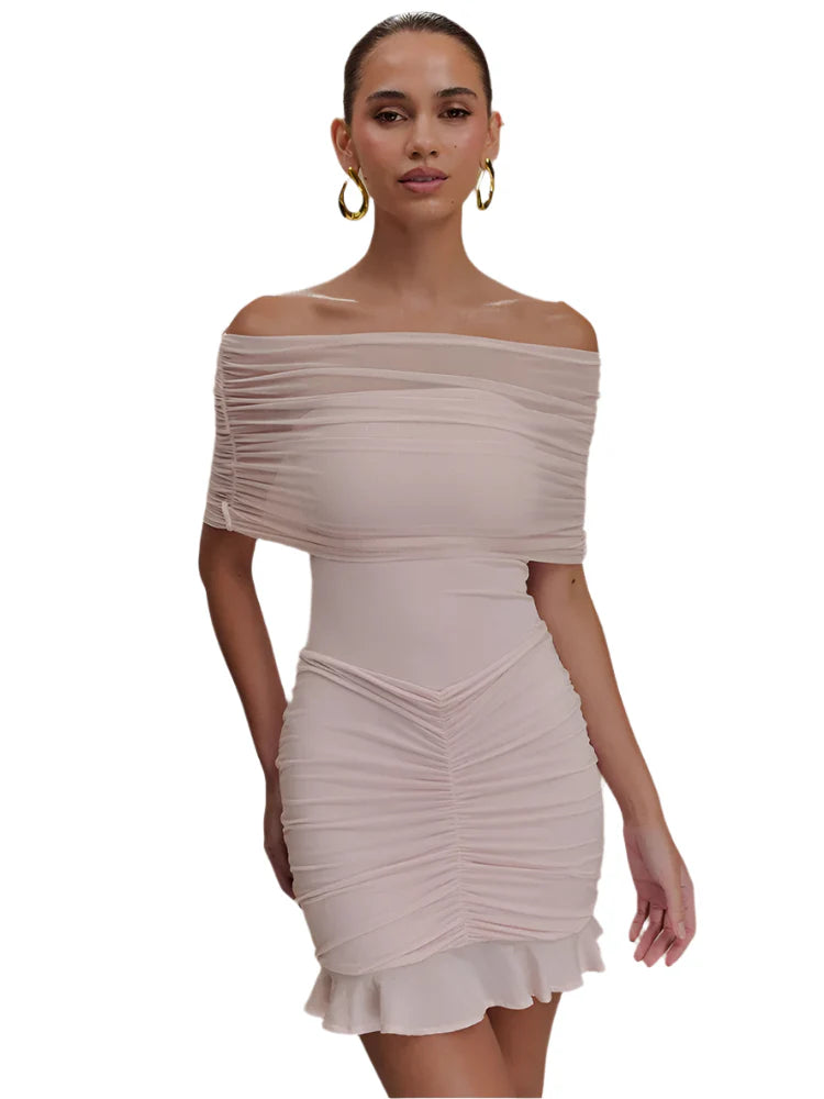 Women Ruffled Mesh Off-Shoulder Mini Dress | Backless Short Party Dress Pink