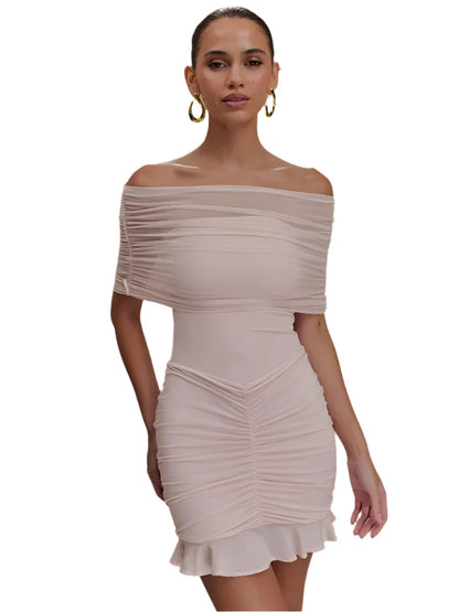 Women Ruffled Mesh Off-Shoulder Mini Dress | Backless Short Party Dress Pink