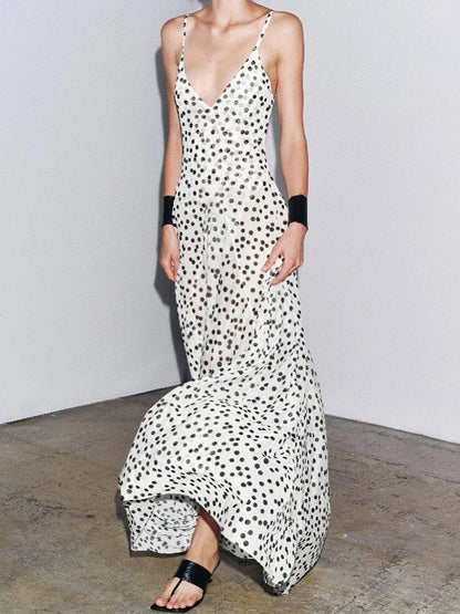 Women Polka Dot Print Maxi Dress | Spaghetti Strap | V-Neck
