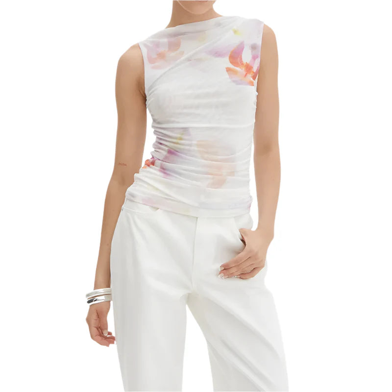Women Casual Sleeveless Round Neck Chiffon Blouse | Chic Shirt Blouse | Summer Fitted Top White Purple