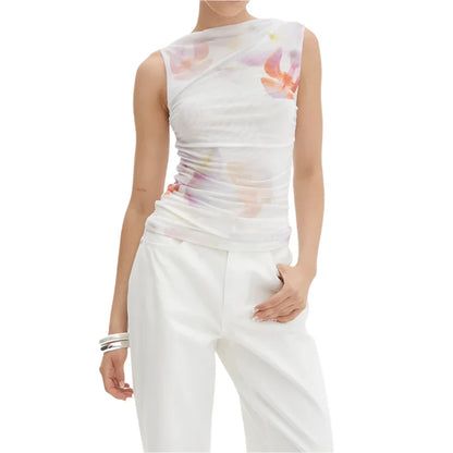 Women Casual Sleeveless Round Neck Chiffon Blouse | Chic Shirt Blouse | Summer Fitted Top White Purple