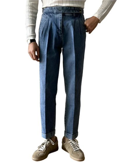 Men Naples Denim Trousers | Washed Denim Pants | Slim Fit Draped Straight Jeans