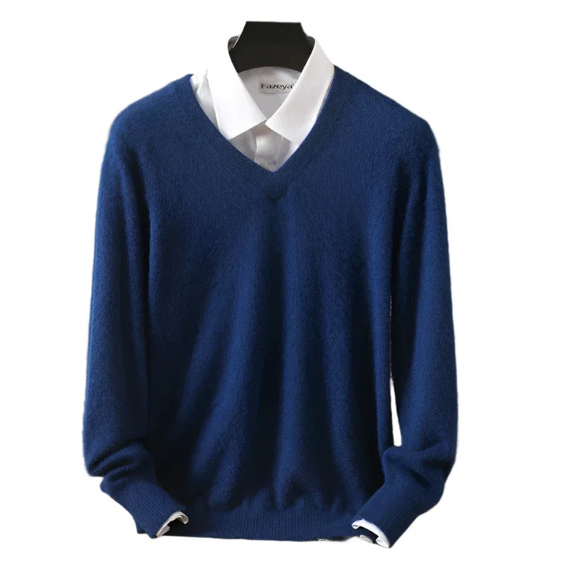 Men Cashmere V-Neck Pullover | Cashmere Knitted Sweater | Mink Winter Long Sleeve Top Denim Blue