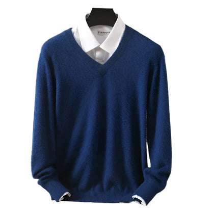 Men Cashmere V-Neck Pullover | Cashmere Knitted Sweater | Mink Winter Long Sleeve Top Denim Blue