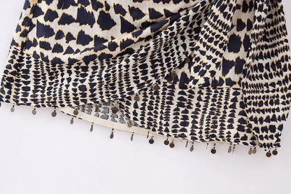 Women Vintage Geometric Print Knotted Mini Sarong Skirt | Beading Tassel