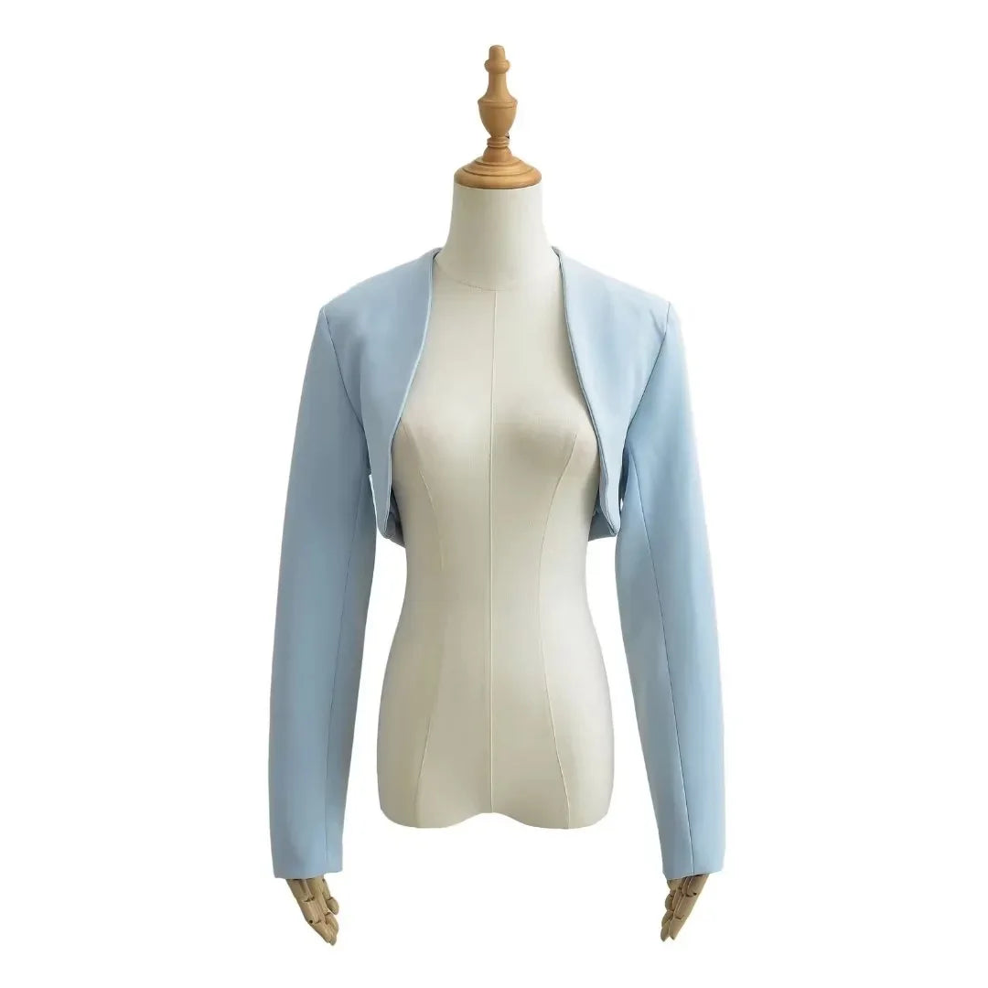 Women V-Neck Open Stitching Cropped Full Sleeve Blazer | Short Outerwear Suit