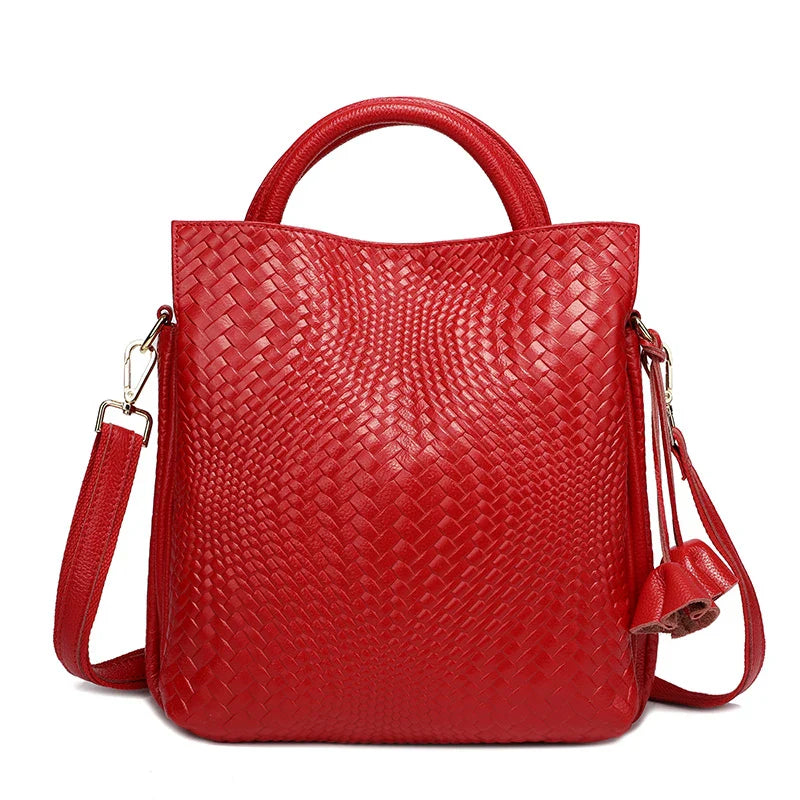 Women Large Capacity Leather Bag | Women Office Bag | Woven Texture Bucket Bag red