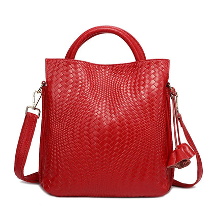 Women Large Capacity Leather Bag | Women Office Bag | Woven Texture Bucket Bag red