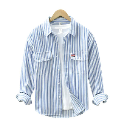 Men Cotton Striped Long Sleeve Shirt | Loose Casual Button Down Light Blue