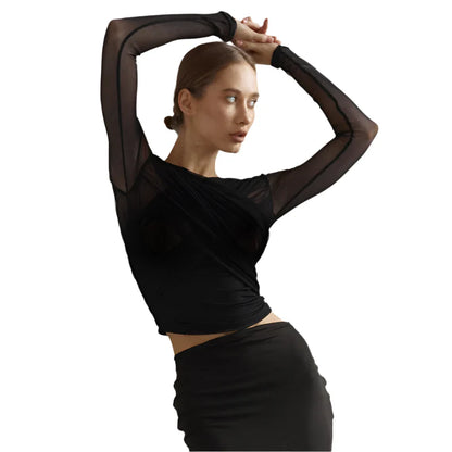 Women Cross Neck Mesh Crop Top | Pleated Long Sleeve See-Through Top