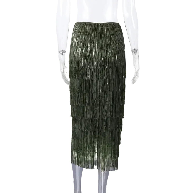 Women Beaded Tassel Long Skirt | Loose | High Waist | Y2K | Party Wear