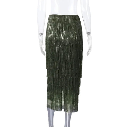 Women Beaded Tassel Long Skirt | Loose | High Waist | Y2K | Party Wear