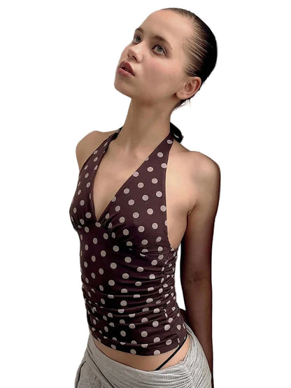 Women Polka Dot Vest | Y2K Lace-Up | Backless | Halter V-Neck | Summer Tank Top Chocolate