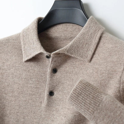 Men Merino Wool Polo Pullover | Knit Warm Top | Winter Polo Collar T-shirt camel