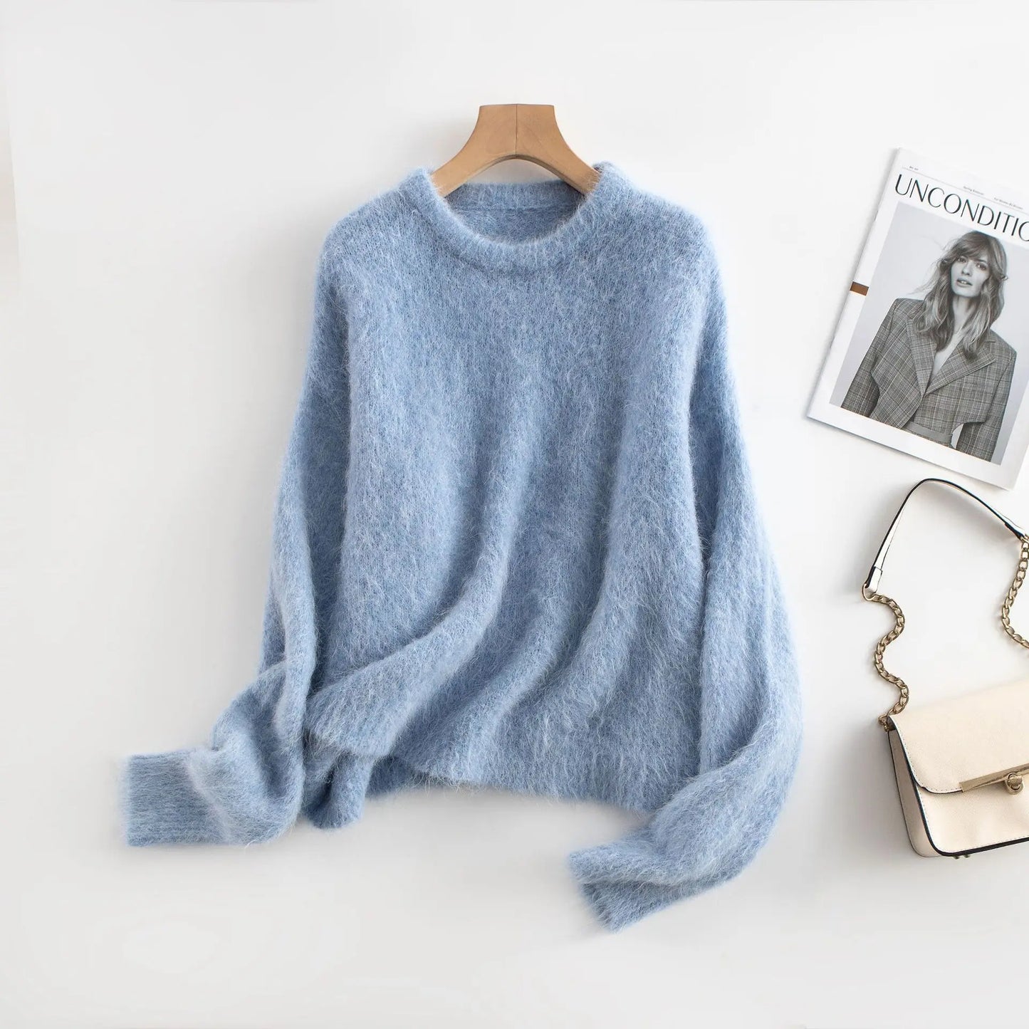Women Alpaca Sweater | O-Neck | Loose | Knitted Pullover | Winter Sweater Blue One Size