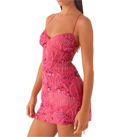 Women Glitter Bodycon Dress | Sequin Sparkly Mini Dress | Floral Pearl Embellished Cami Dress | Party Dress pink