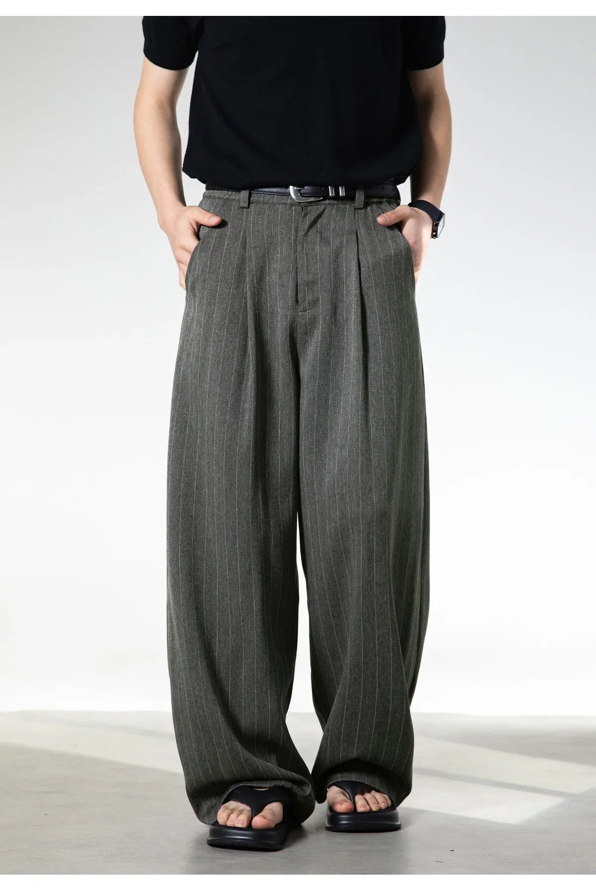 Men Classic Striped Pleated Wide Leg Trousers | Baggy | Straight | Dress Pants | Business