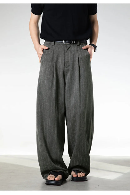 Men Classic Striped Pleated Wide Leg Trousers | Baggy | Straight | Dress Pants | Business