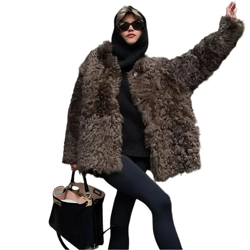 Women Fluffy Fur Coat Brown