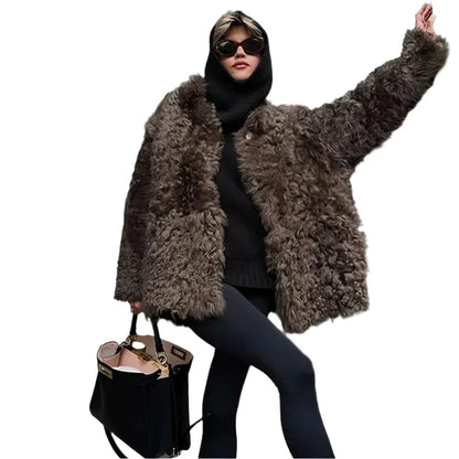 Women Fluffy Fur Coat Brown