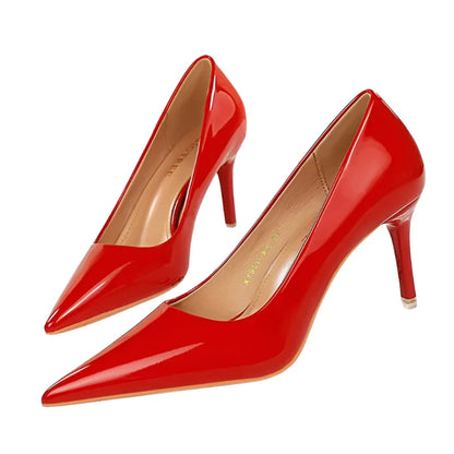 Women Short Heels | Classic Scarpins | Pumps | Metallic Leather | Low Heels Stiletto Red