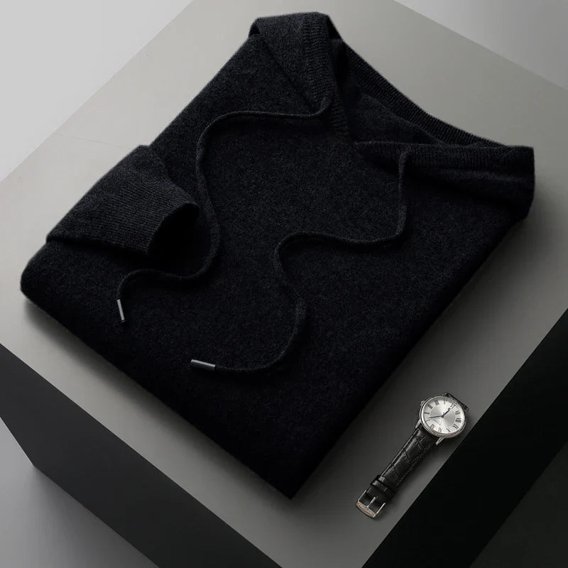 Men Merino Wool Hoodie | Casual Knitted Pullover Sweater | Hooded Collar black
