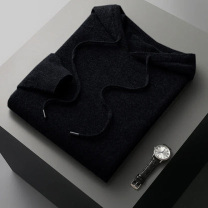 Men Merino Wool Hoodie | Casual Knitted Pullover Sweater | Hooded Collar black