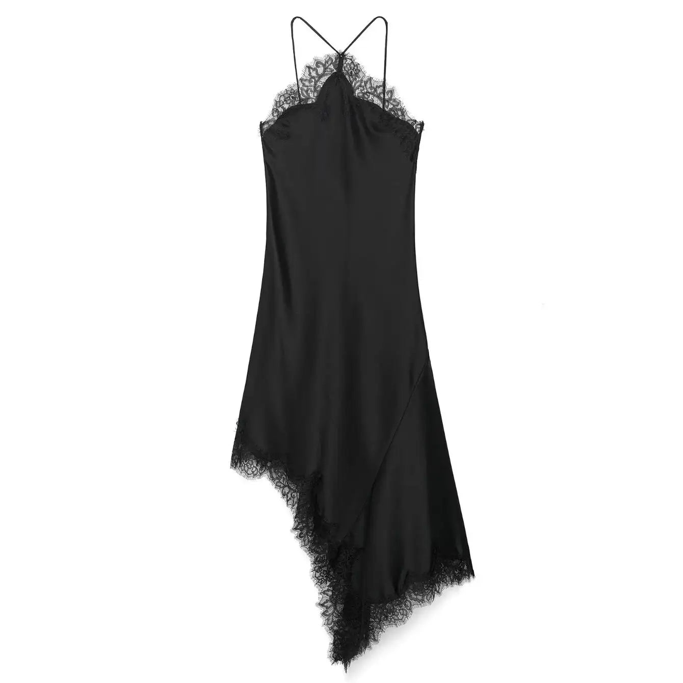 Women Lace Spliced Sling Dress | Sleeveless | Backless | Asymmetrical | Holiday | Party Wear black